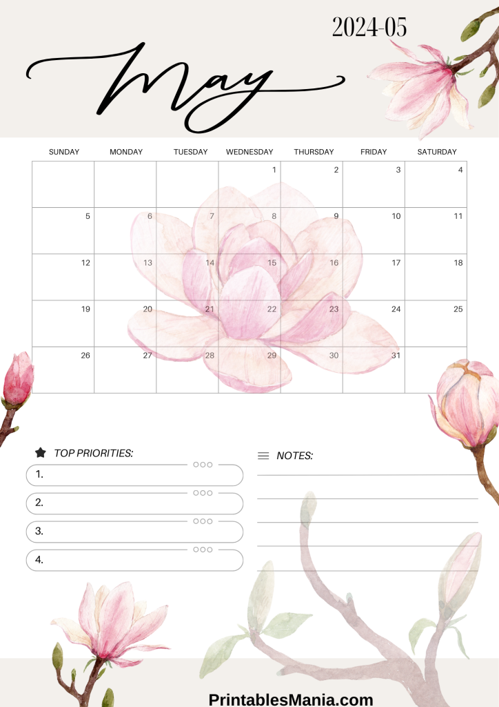 pink May 2024 calendar printable