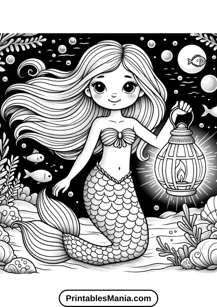 A beautiful mermaid with long, flowing hair and a shimmering tail, sitting on a rock.