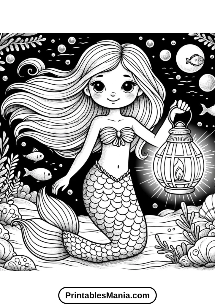 A beautiful mermaid with long, flowing hair and a shimmering tail, sitting on a rock.