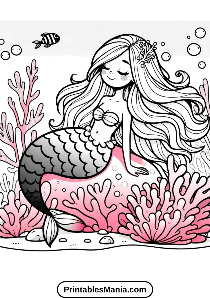 A mermaid singing a melodic tune, with bubbles floating around her.