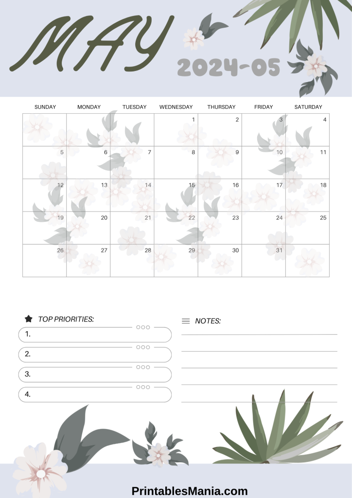 Blue May 2024 free printable calendar