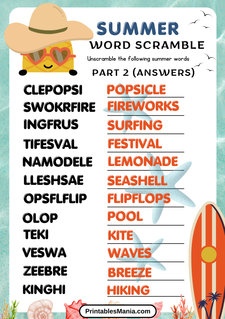 summer word scramble answers