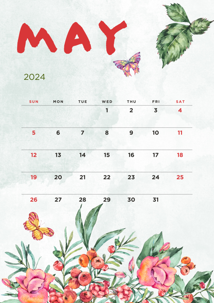 Watercolor Illustration 2024 Calendar May