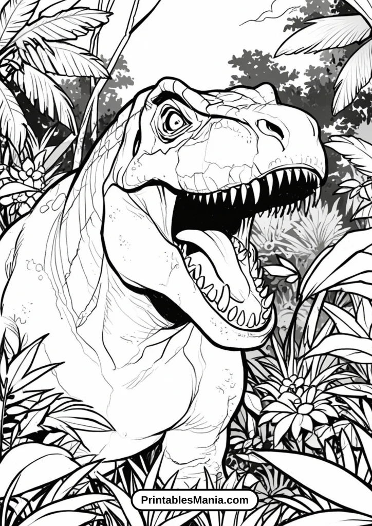 Jurassic World T-Rex Roaring in the Jungle Coloring Page