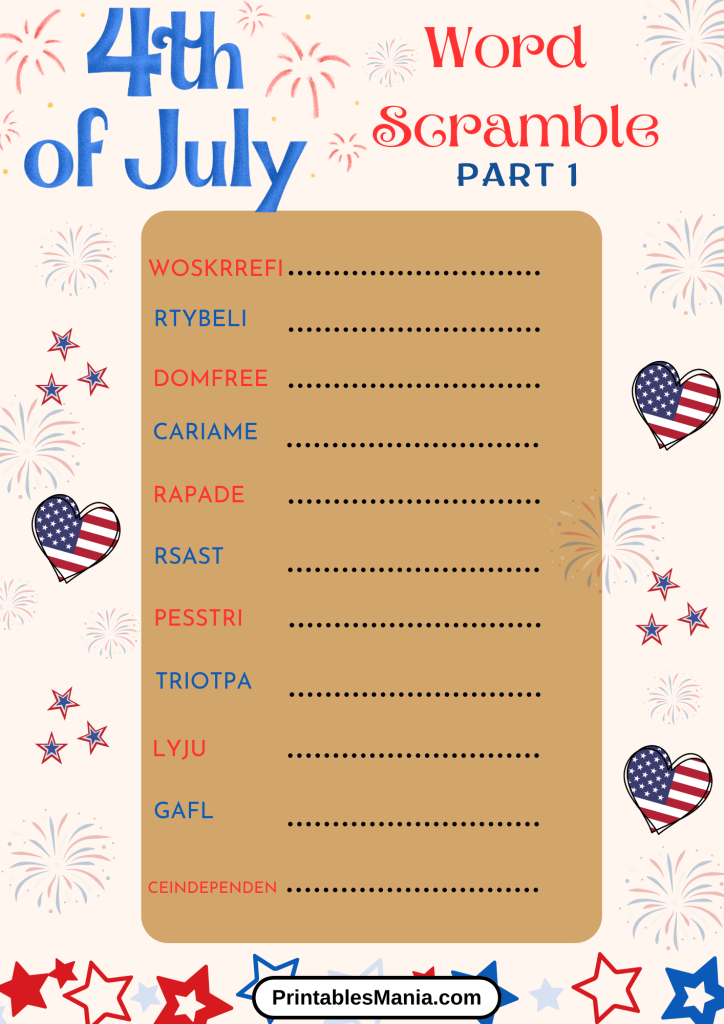 Printable 4th of July Word Scramble Game