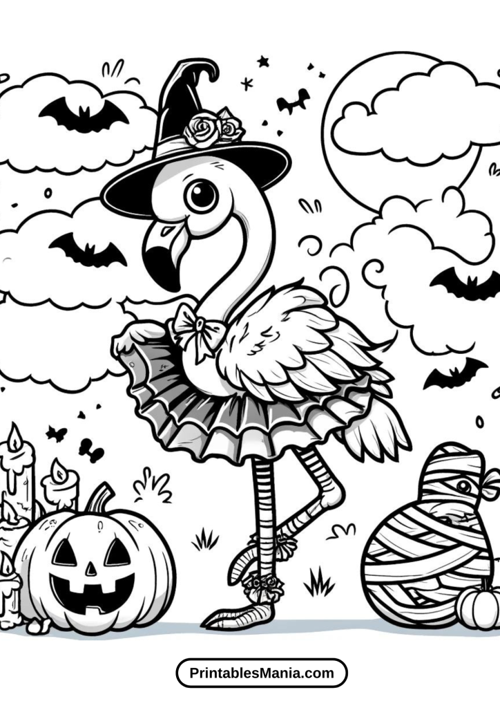 Halloween Flamingo Coloring Page With Spooky Costume