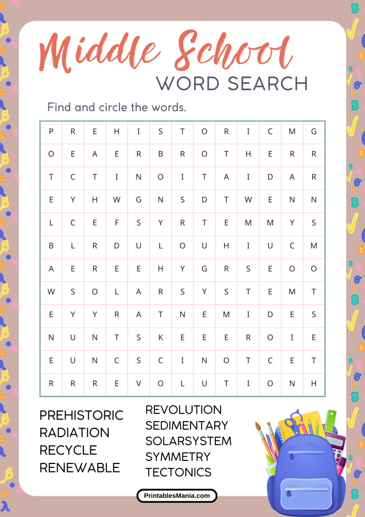 Printable Word Search For Middle School With Key Vocabulary Terms