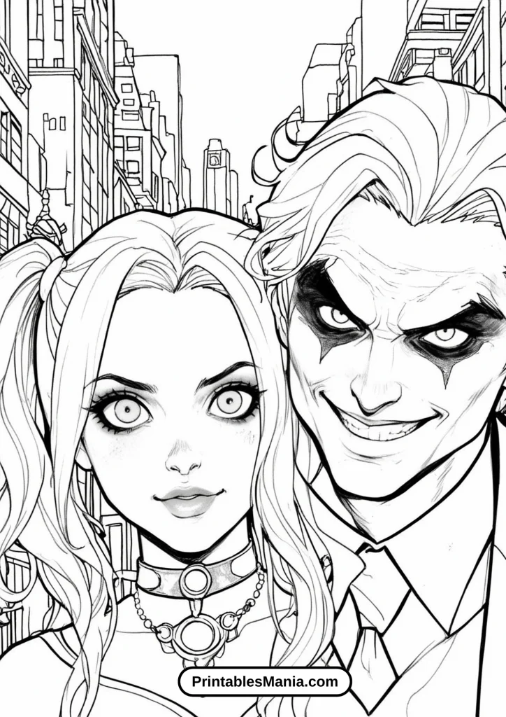 Vibrant Harley Quinn and Joker Coloring Page for Fans