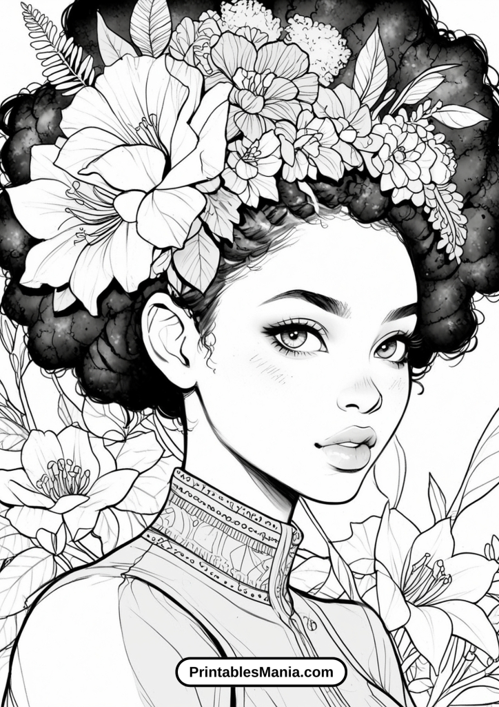 Coloring Page of a Black Girl with an Intricate Hairstyle Intertwined with Vibrant Flowers