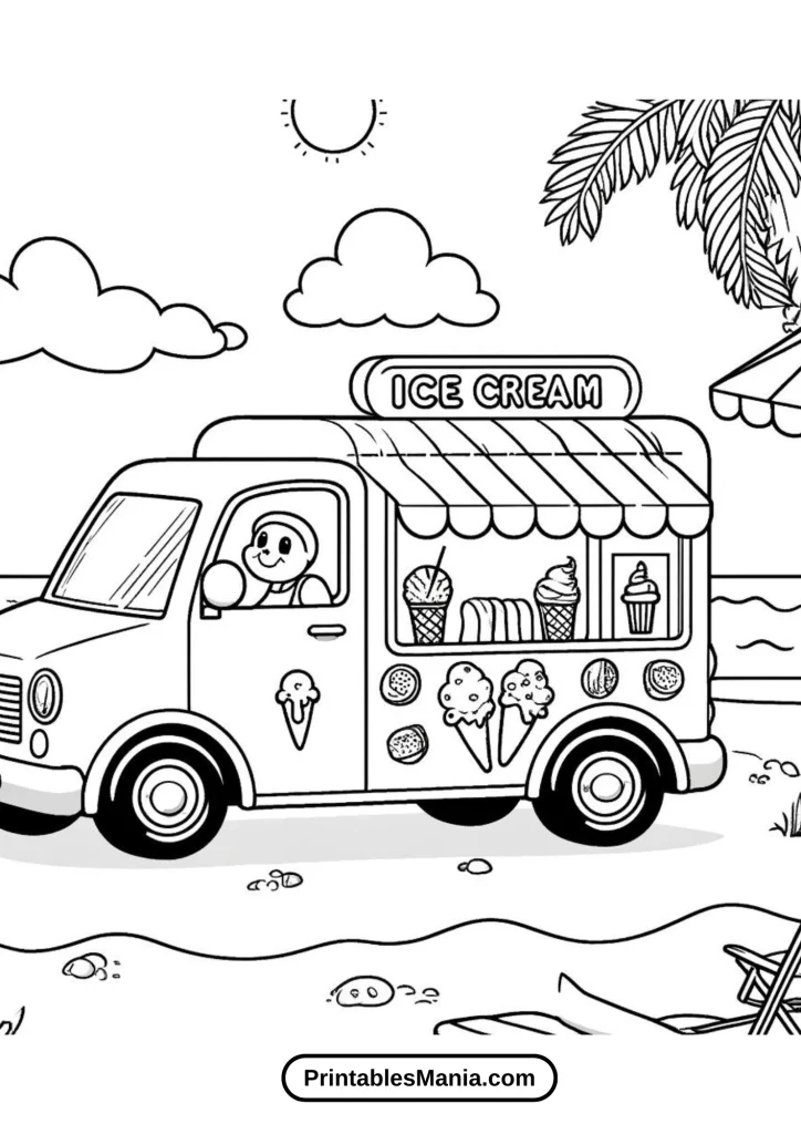 Ice Cream Shop by the Beach Coloring Page for Kids