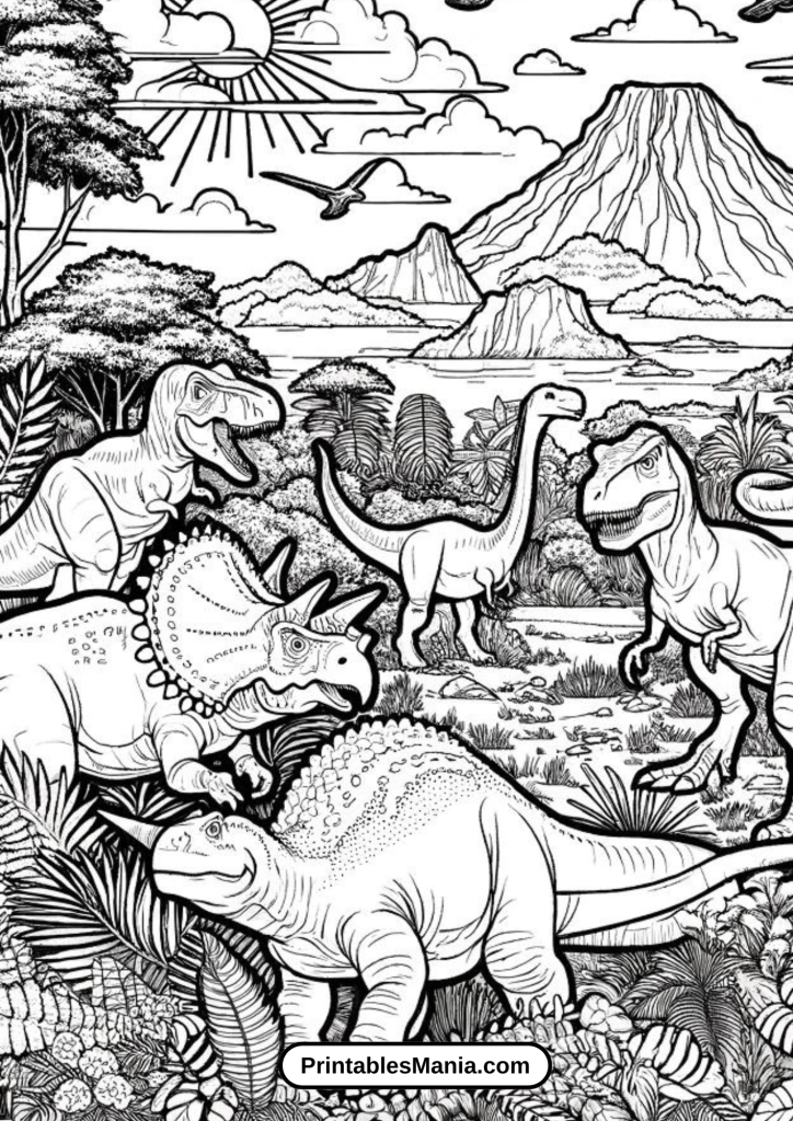 Jurassic World Landscape with Dinosaurs Coloring Sheet