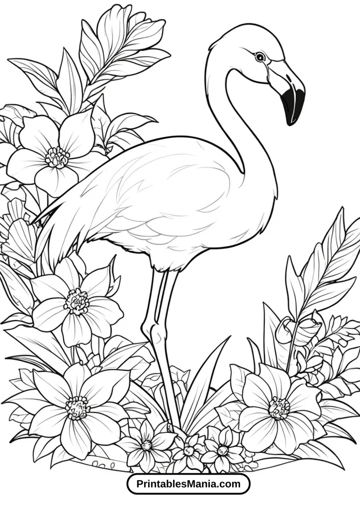 Spring-themed Flamingo Coloring Page With Blooming Flowers