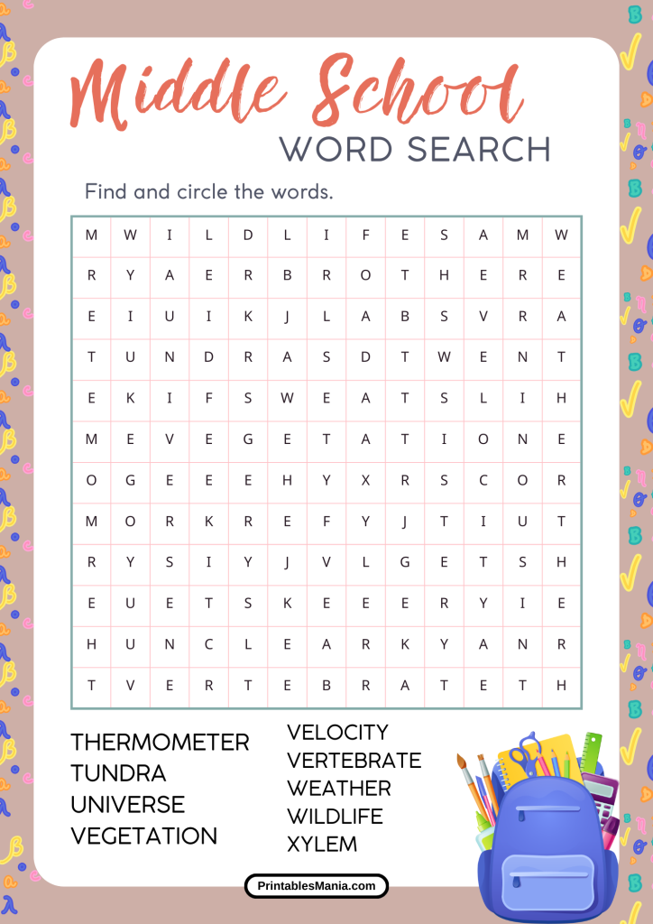 Printable Word Search For Middle School With Key Vocabulary Terms