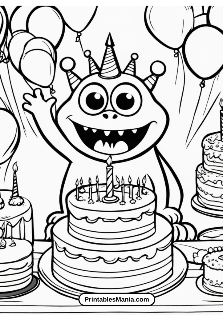 Birthday Party My Pet Monster Blowing Out Candles Coloring Page