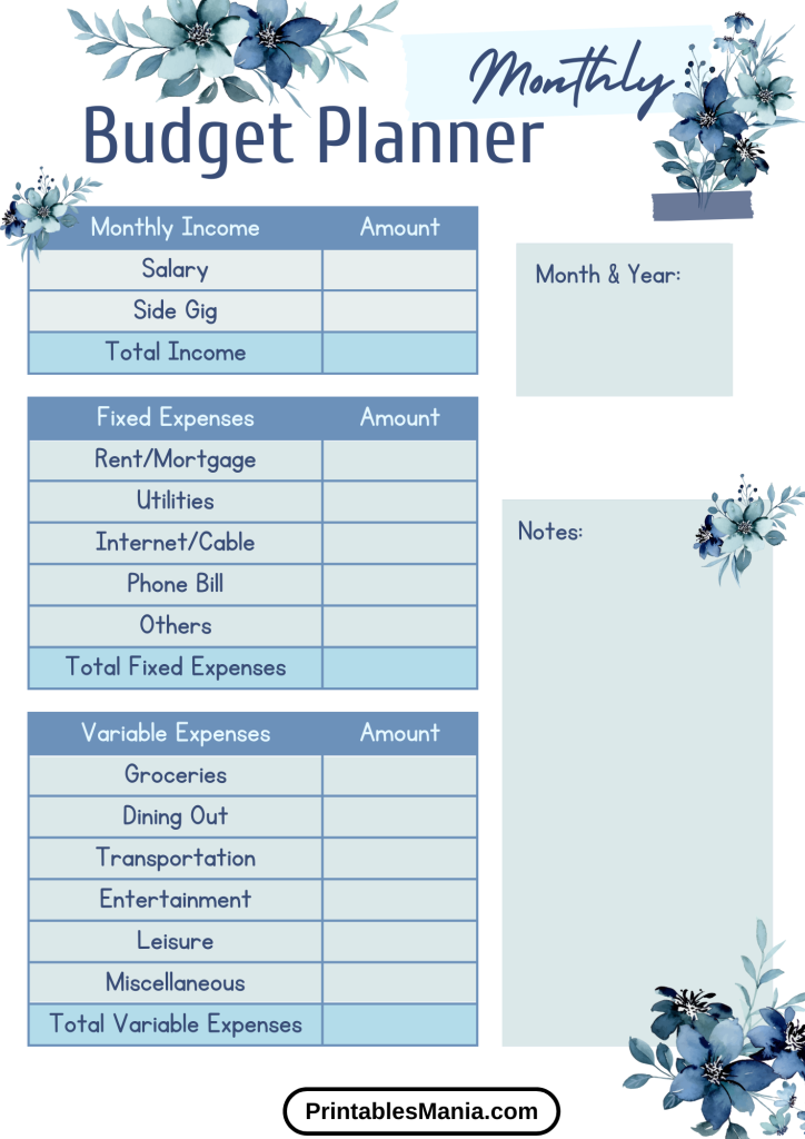 Elegant Floral Budget Planner for Tracking Monthly Financial Goals