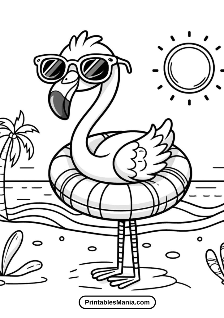 Summer Fun Flamingo Coloring Page With Sunglasses And Swim Ring