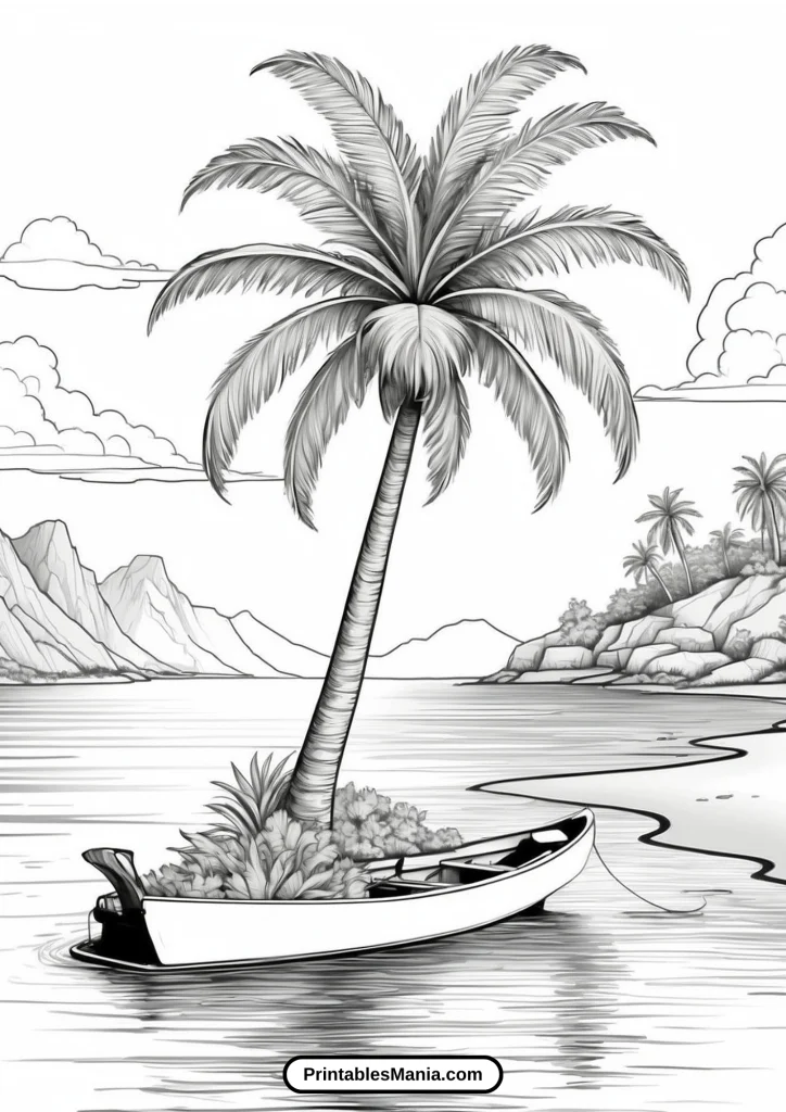 Palm Tree Coloring Page With A Boat