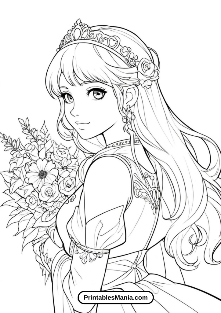 Coloring Page of a Princess with a Bouquet of Spring Flowers