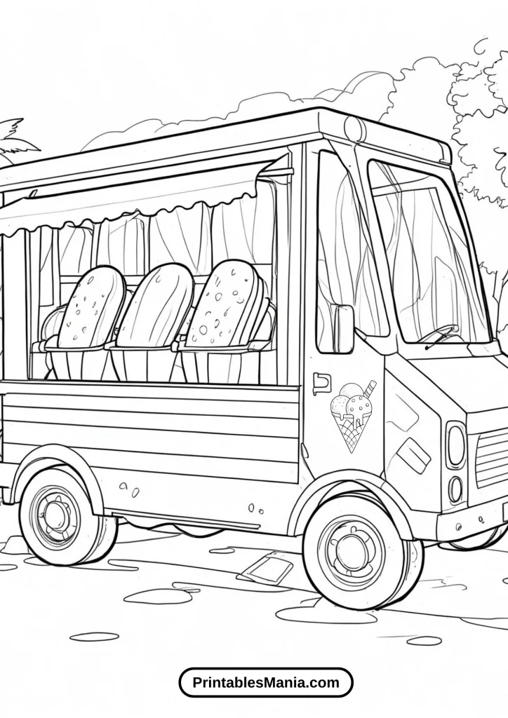 Ice Cream Shop on a Cloudy Day Coloring Page with Dramatic Sky