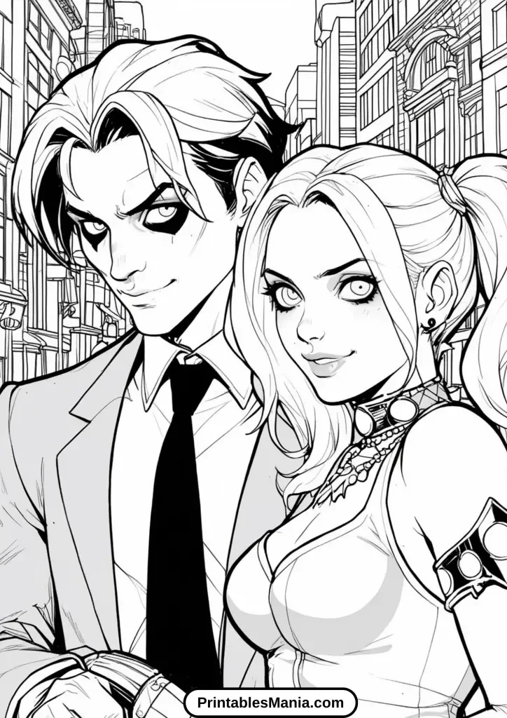 Harley Quinn and Joker in a Mysterious Alleyway Scene to Color