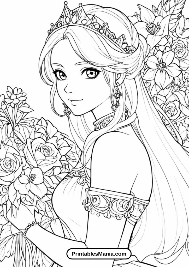 Princess Enjoying the Scent of a Rose Garden Coloring Sheet