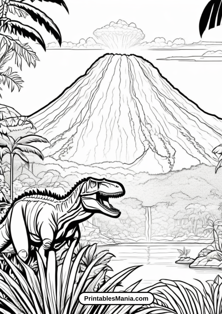 Coloring Sheet of Jurassic World Landscape with Volcanoes