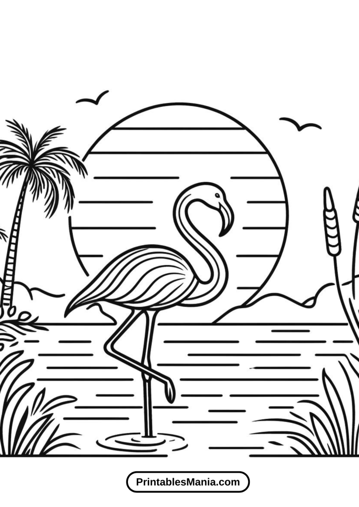 Sunset Scene With Flamingo Silhouette Coloring Page