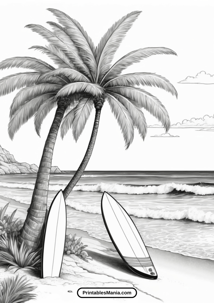 Palm Tree And Surfboard Coloring Page