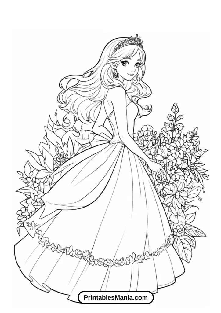 Coloring Page of a Princess in a Grand Castle Garden