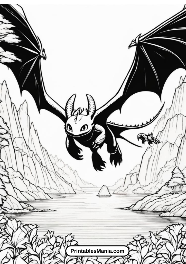 Toothless and Light Fury Flying Together Coloring Sheet