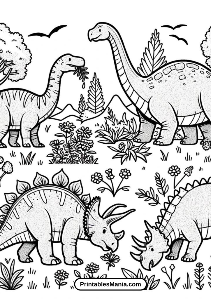 Herbivorous Dinosaurs Grazing Coloring Sheet