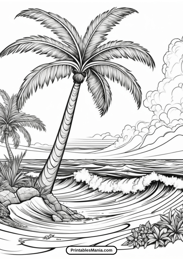 Palm Tree Coloring Page With Sea Waves