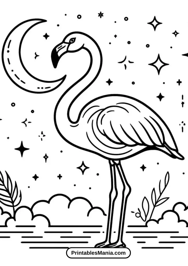 Flamingo Under Starry Night Sky Coloring Page