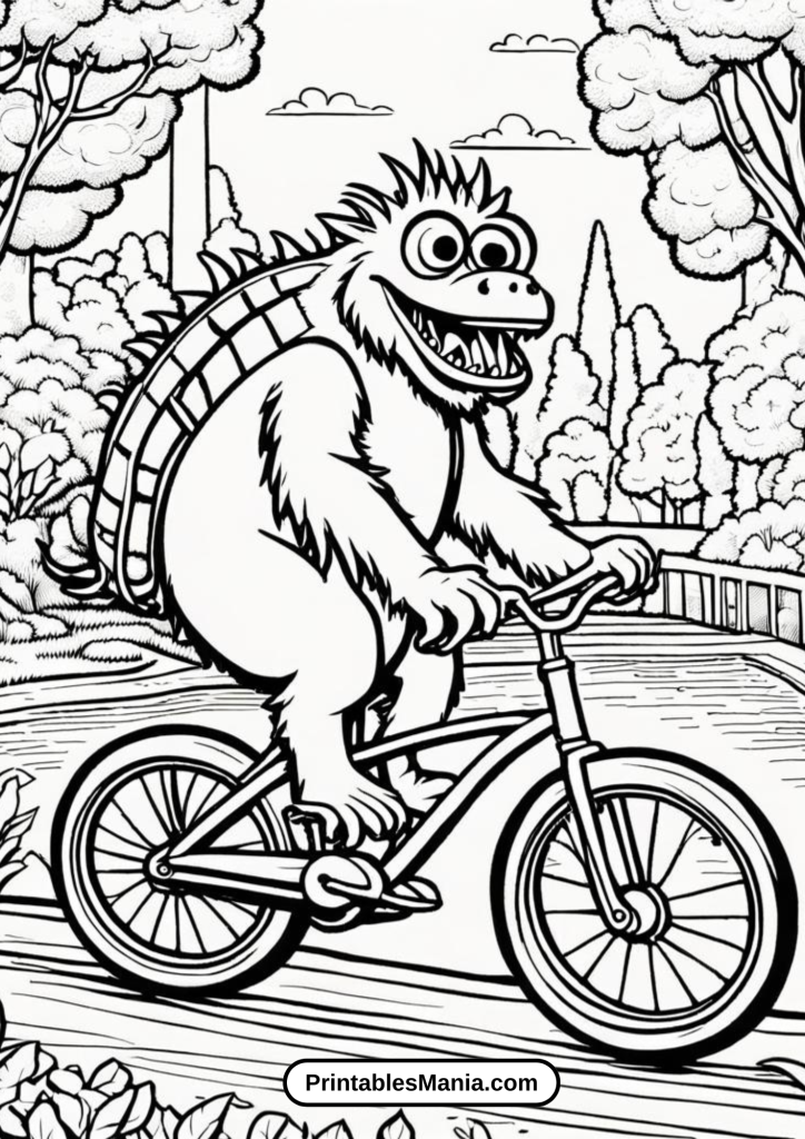 Monster Riding A Bicycle Through The City Park Coloring Page