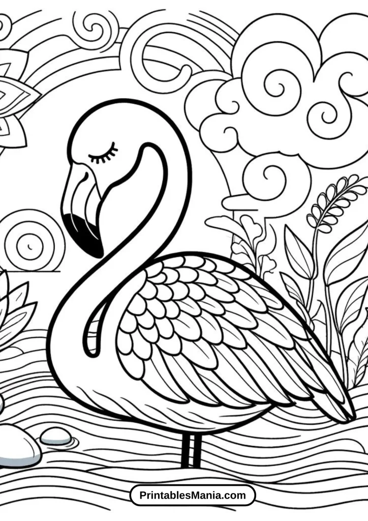 Zen Flamingo With Peaceful Expression Coloring Page For Stress Relief