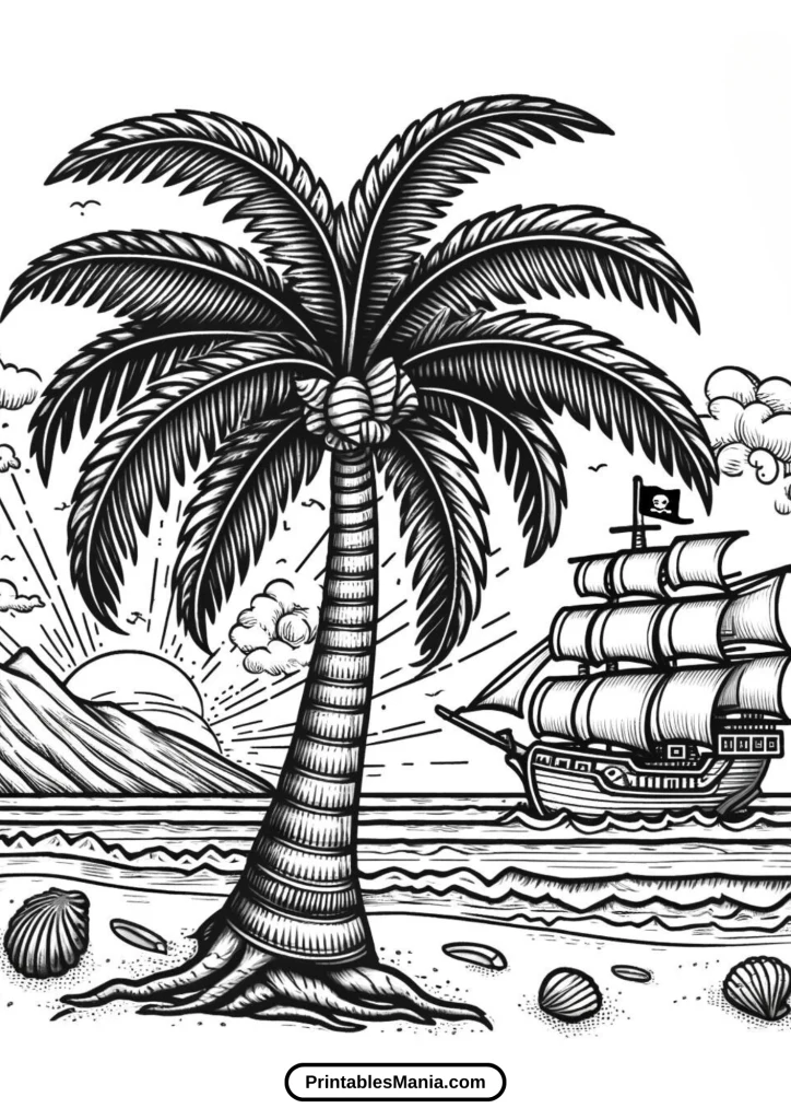 Palm Tree Coloring Page With A Pirate Ship