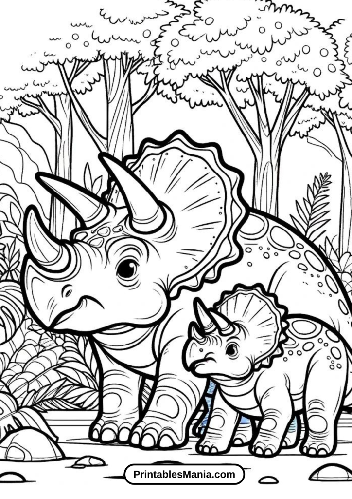 Illustration of Triceratops and Baby Coloring Page