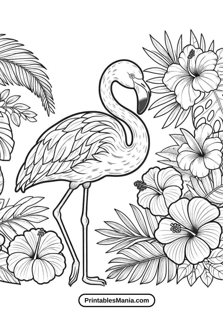 Flamingo Standing Among Lush Tropical Flowers Coloring Page