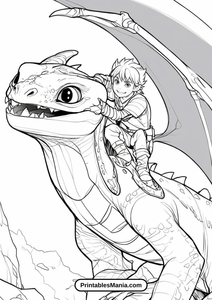 Hiccup and Toothless Confronting an Enemy Dragon Rider Coloring Sheet