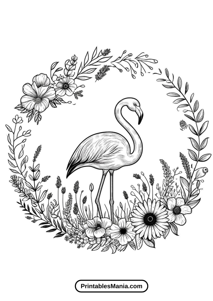 Flamingo Surrounded By A Wreath Of Wildflowers Coloring Activity