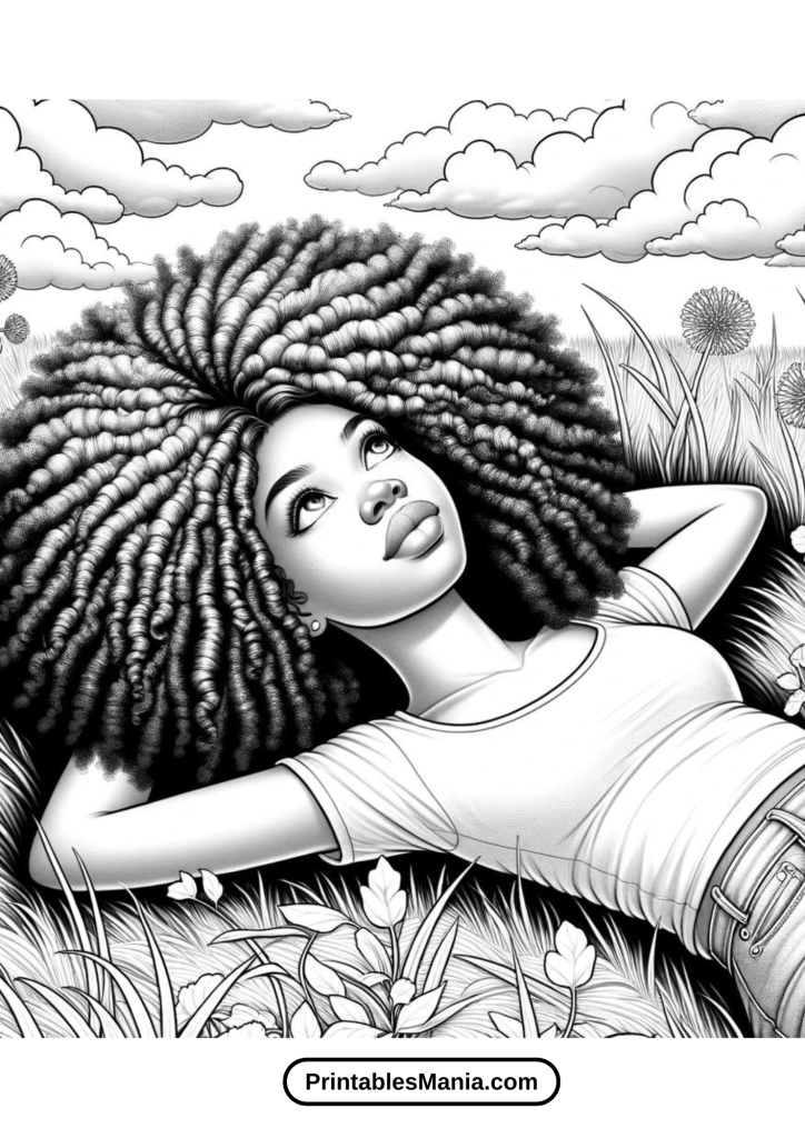 Black Girl Laying in the Grass Cloud Watching