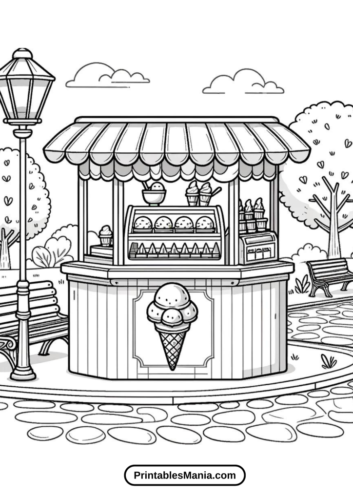 Detailed ice Cream Shop Scene Coloring Page for Kids