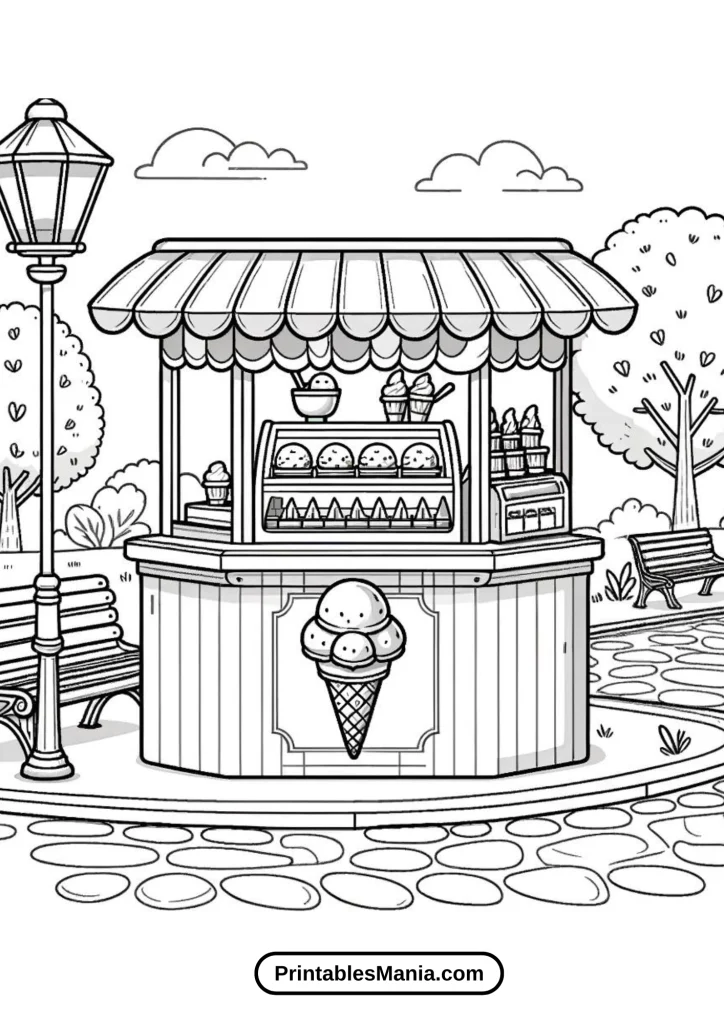 Detailed ice Cream Shop Scene Coloring Page for Kids