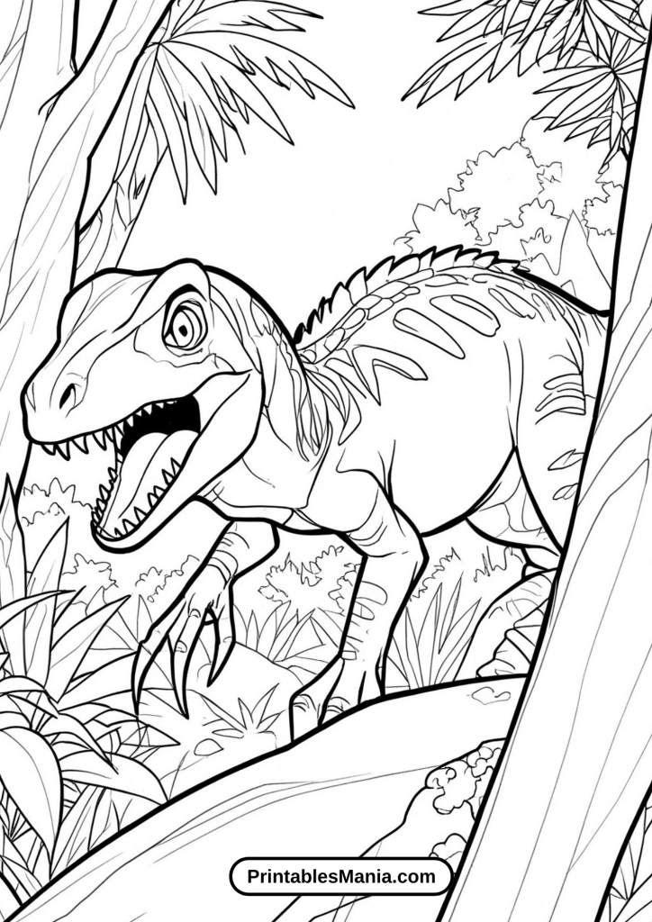 Printable Velociraptor Stalking Through the Trees Coloring Sheet