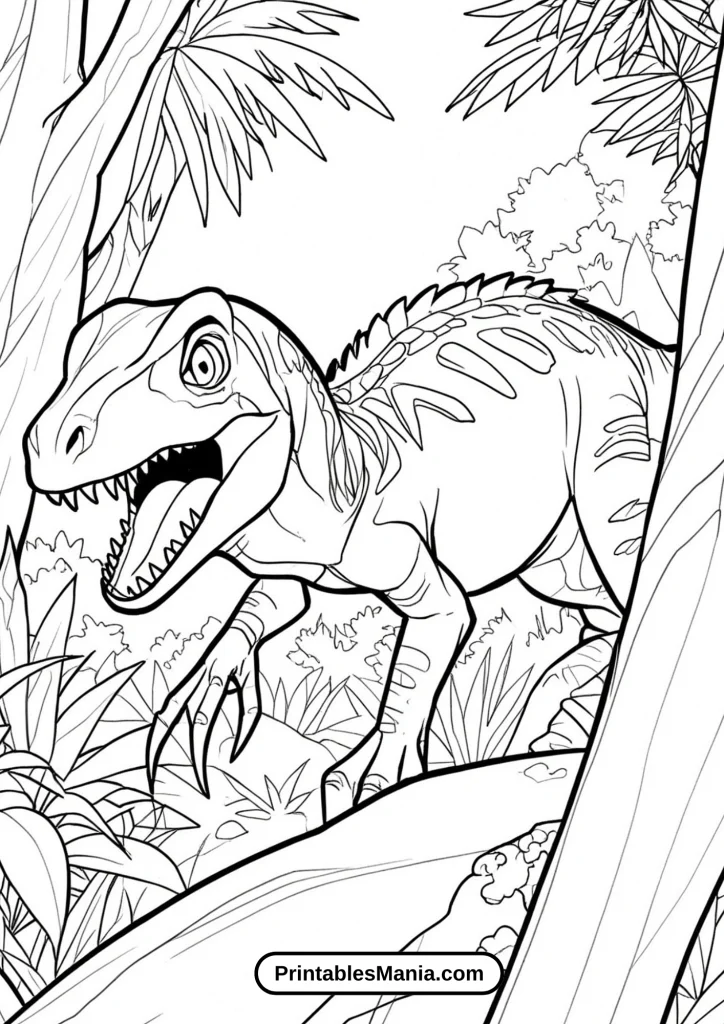 Printable Velociraptor Stalking Through the Trees Coloring Sheet