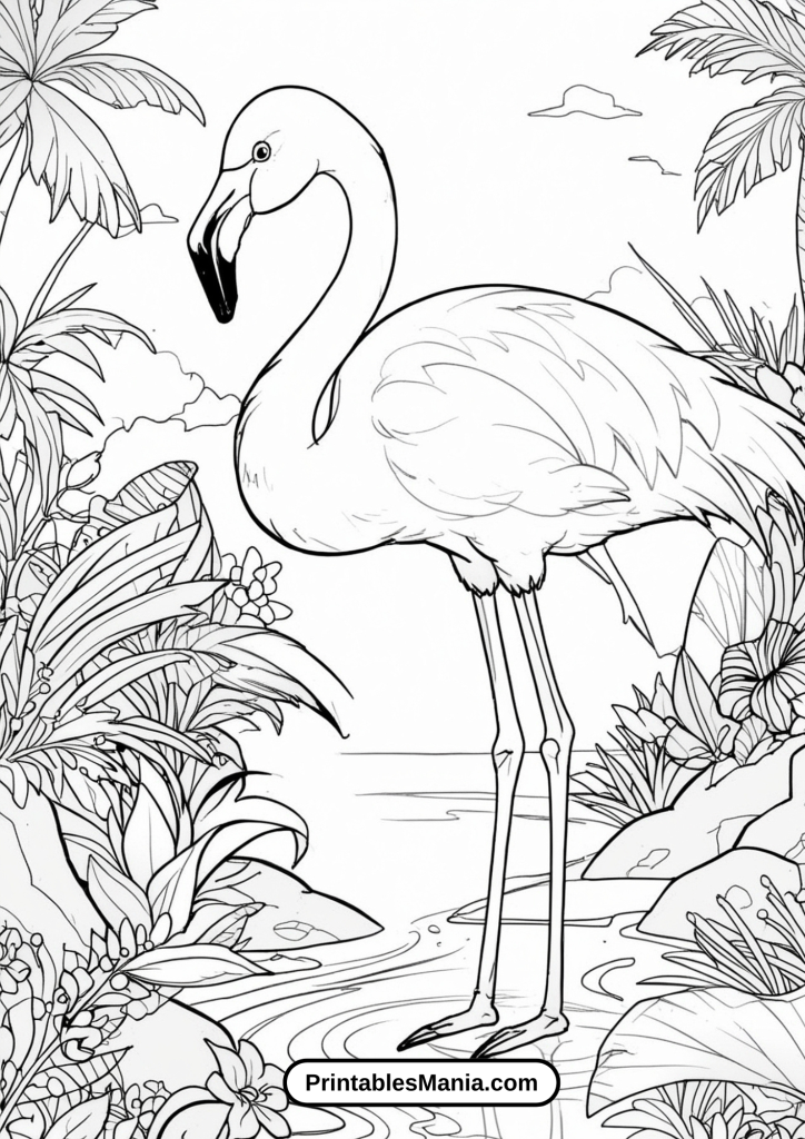 Detailed Flamingo Scene Coloring Page for Bird Enthusiasts