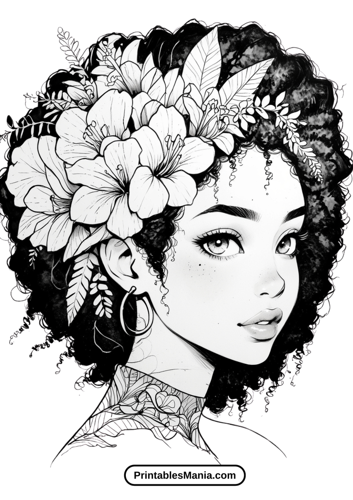 Black Girl with a Flowers in her Curly Hair Coloring Page