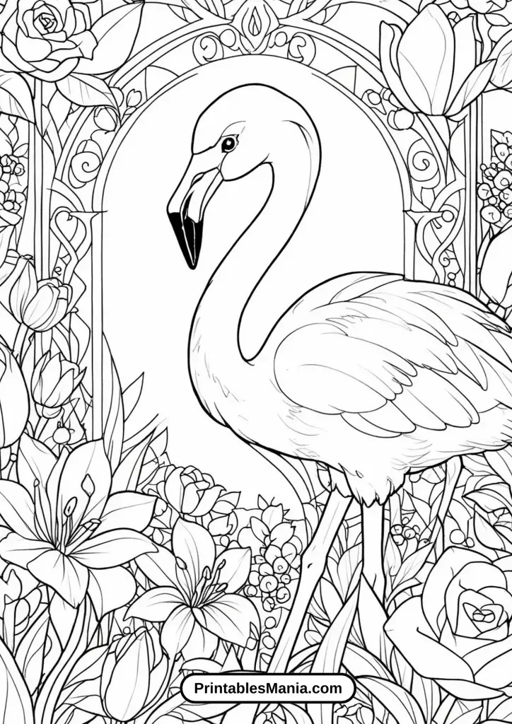 Flamingo In A Garden Of Roses And Tulips Coloring Page For Adults