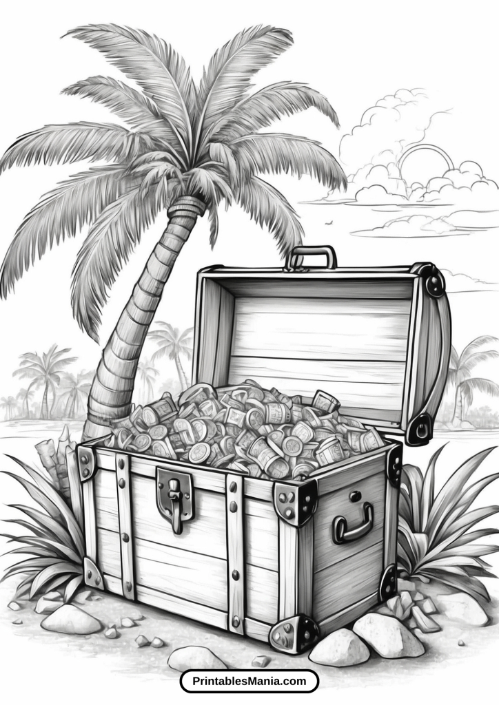 Palm Tree Coloring Page With A Treasure Chest