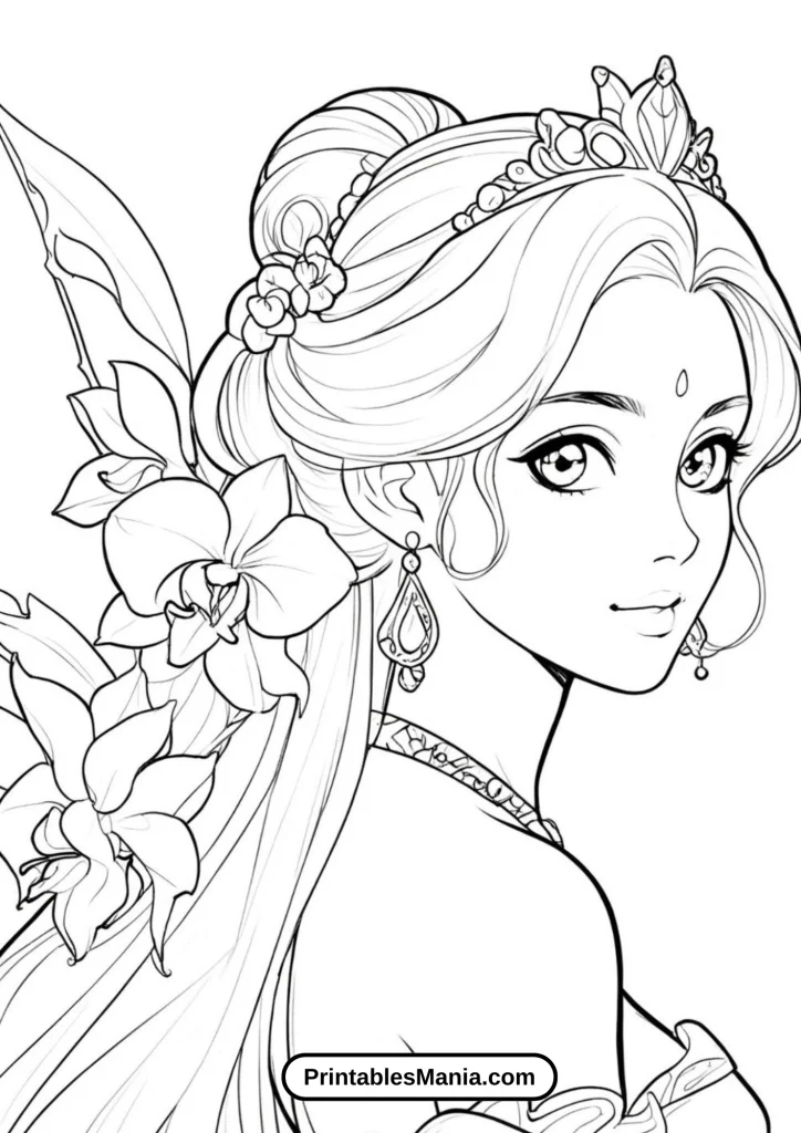 Princess Wearing a Glamorous Orchid-Inspired Evening Gown Coloring Page